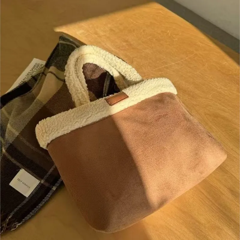 JIAERDI Korean Niche Lambswool Handbag Women Plush Double Sided Large Capacity Shoulder Bags Ladies Cute Soft Patchwork Tote Bag