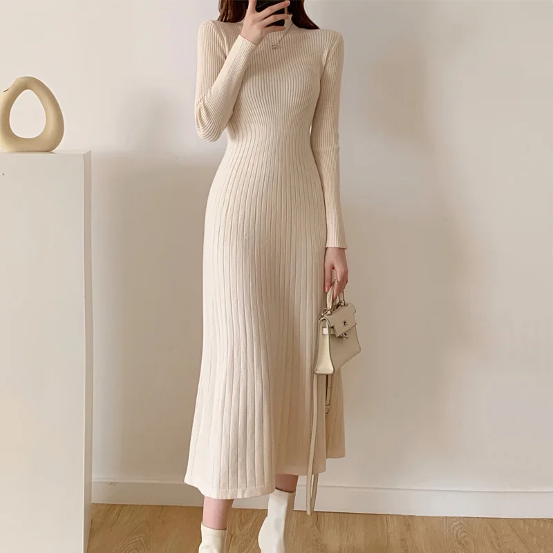 

Vintage Knitted Sweater Long Sleeve Dresses Women Slim Bodycon Korean Elegant Fall Winter Button V Neck Sweater Midi Woman Dress