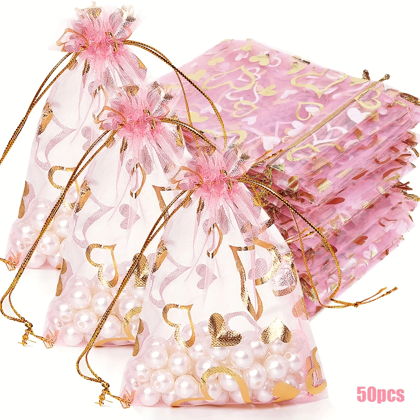 

50pcs Valentine's Day Organza Bags Love Heart Gift Bag Jewelry Packaging Pouch Drawstring Wedding Favors Bag for Wedding Party