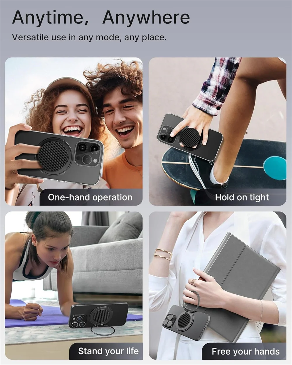 Dual-Sided Magnetic Phone Holder and Multi-Functional Stand with Charging Grip