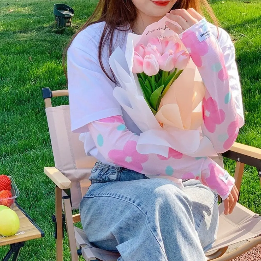 

Anti-sunburn Sleeve Breathable Colorful Flower Printing Cool Muff Sweet Girls Outdoor Cycling Sleeve Sunscreen Arm Sleeves Woman