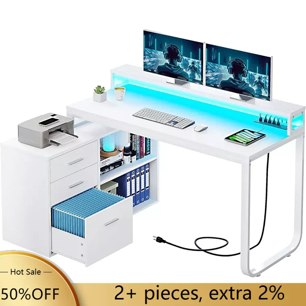 L Shaped Desk With Power Outlets & LED Lights & File Cabinet 55 Inch Large Computer Desk Corner Desk Freight Free Reading Gaming gray sand file folder furniture for printer cabinet letter documents for documents 16 inch freight free wooden storage cabinet