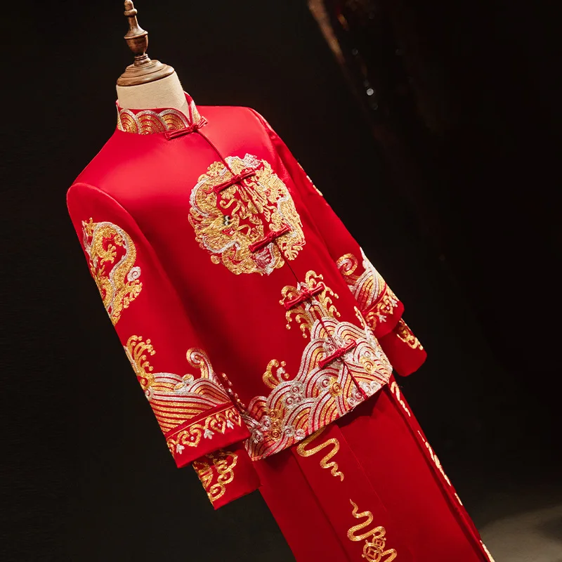 Chinese Style Men Marriage Set Dragon Embroidery Tang Suit Vintage Qipao Oriental Bridegroom Wedding Clothing Hanfu Costume