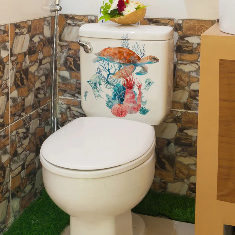 Sea Turtle Coral Jellyfish Toilet Lid Decal Sticker Bathroom Beautification Self-Adhesive Decoration Waterproof Sticker M894