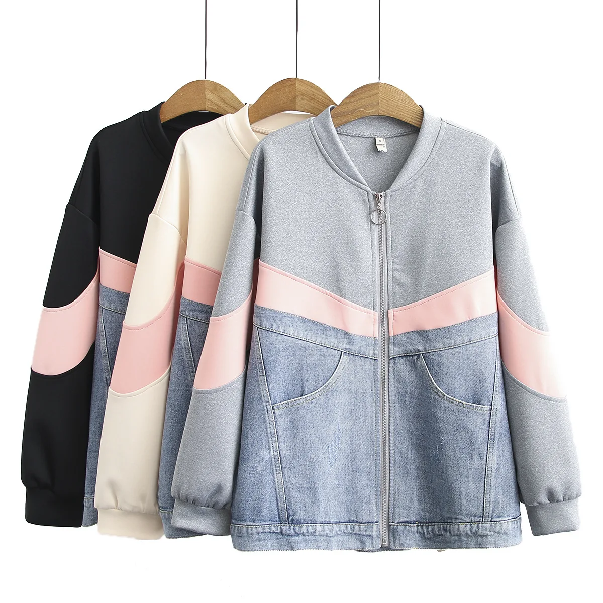 2023 Autumn Women Clothes Plus Size Casual Zip Coat Stylish Patchwork Denim Contrasting Color Jacket Curve Female S56 856