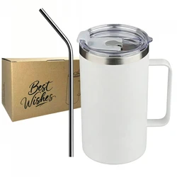 Double - Wall Insulated Stainless Steel Travel Mug with Handle and Lid, 600ml (Black & White) - 600ml (White)