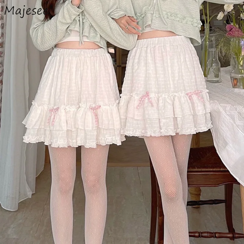 

Skirts Women Bow Designed Kawaii Ruffles Princess Tender Preppy Japanese Style A-line Fashion High Waist Temperament Mini Casual