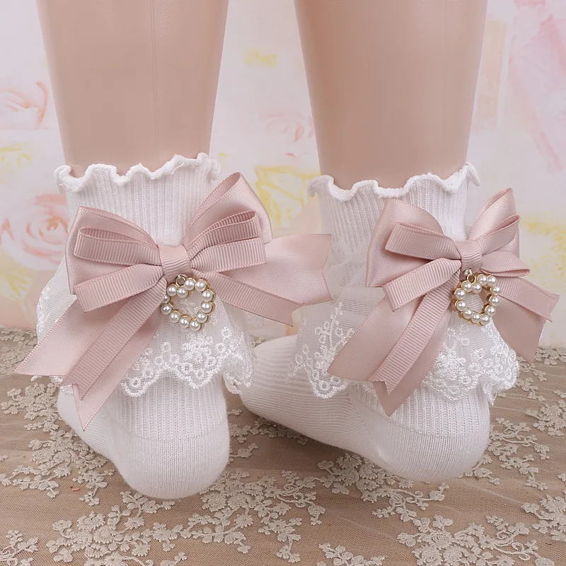 Japanese Lolita Style Sweet Cute Lace Pearl Heart Pendant Back Bow Soft Girl Short Socks Women's Stockings Apparel Accessories