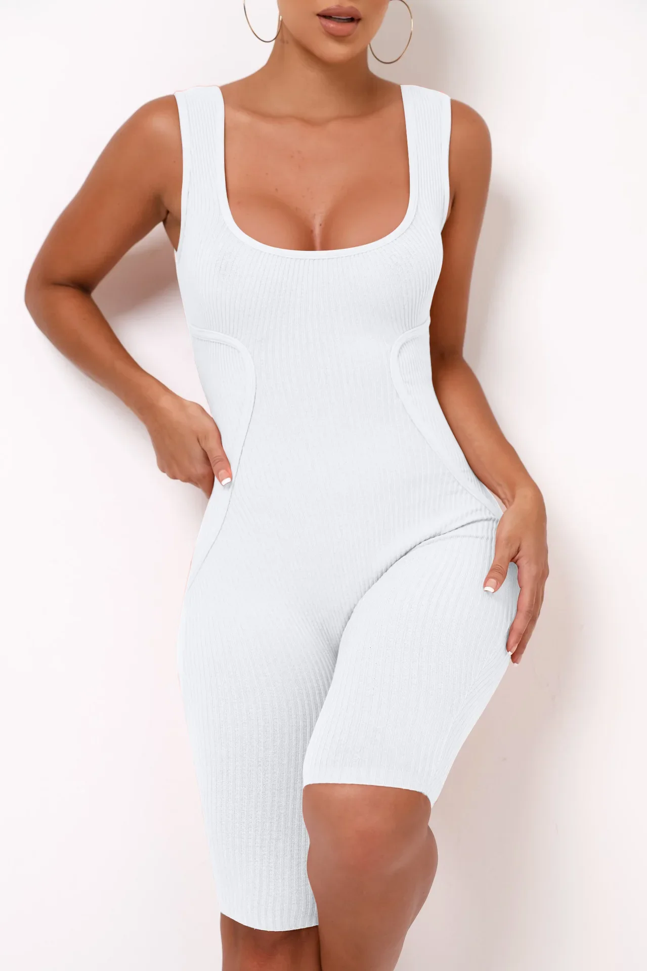 

Женский пикантный однотонный Модный повседневный Облегающий комбинезон без рукавов, цельный комбинезон с узкими бедрами и брюками, 2024