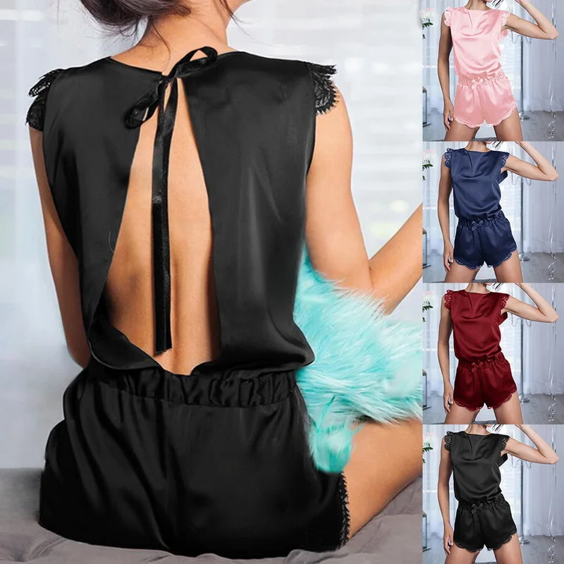 Women's Clothing Simulation Silk One-Piece Suit Hollow Back Sexy Charm Erotic Short-Sleeved Lingerie Comfortable Pajama Homewear
