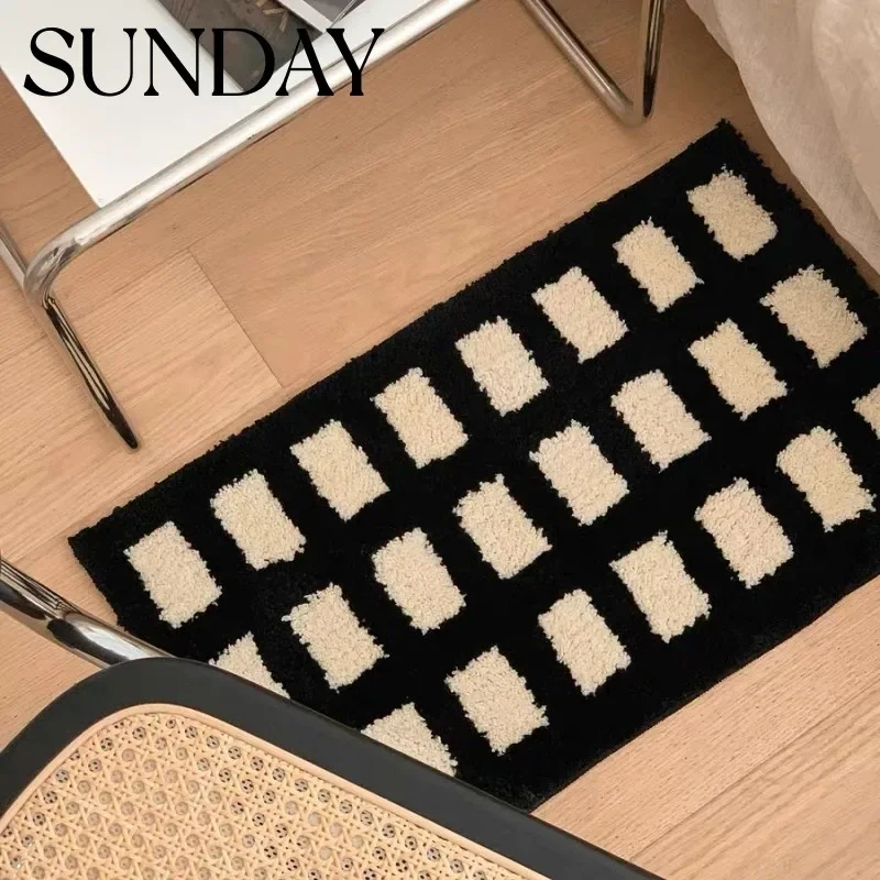 

Ins Tufting Checkerboard Plaid Area Rug for Bedroom Decor Soft Plush Bedside Carpets Black White Fluffy Flocking Floor Mats Home