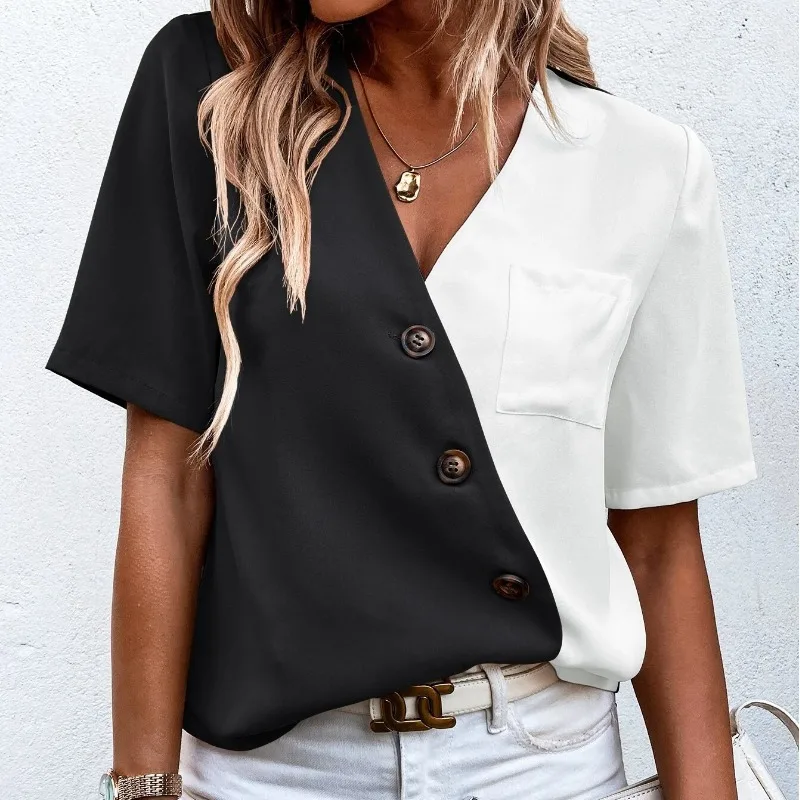 

Summer Women's Pullover V-Neck Solid Button Gradient Short Sleeve T-shirt Undershirt Fashion Casual Elegant Vintage Tops