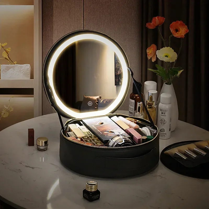 

Portable Makeup Capacity Large Light Women Case Up Storage Travel Box Round Make Cosmetic With Bag LED Organizer