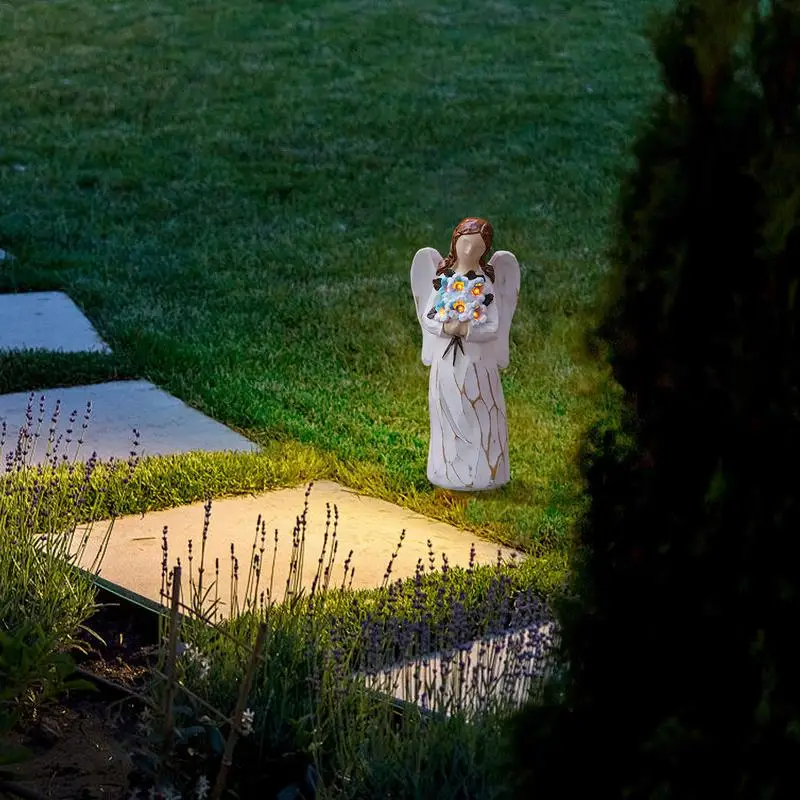 Angel Solar Lights Outdoor Garden 11 Inches LED Lights Resin Outdoor Angel Statues For Garden Decoration Waterproof