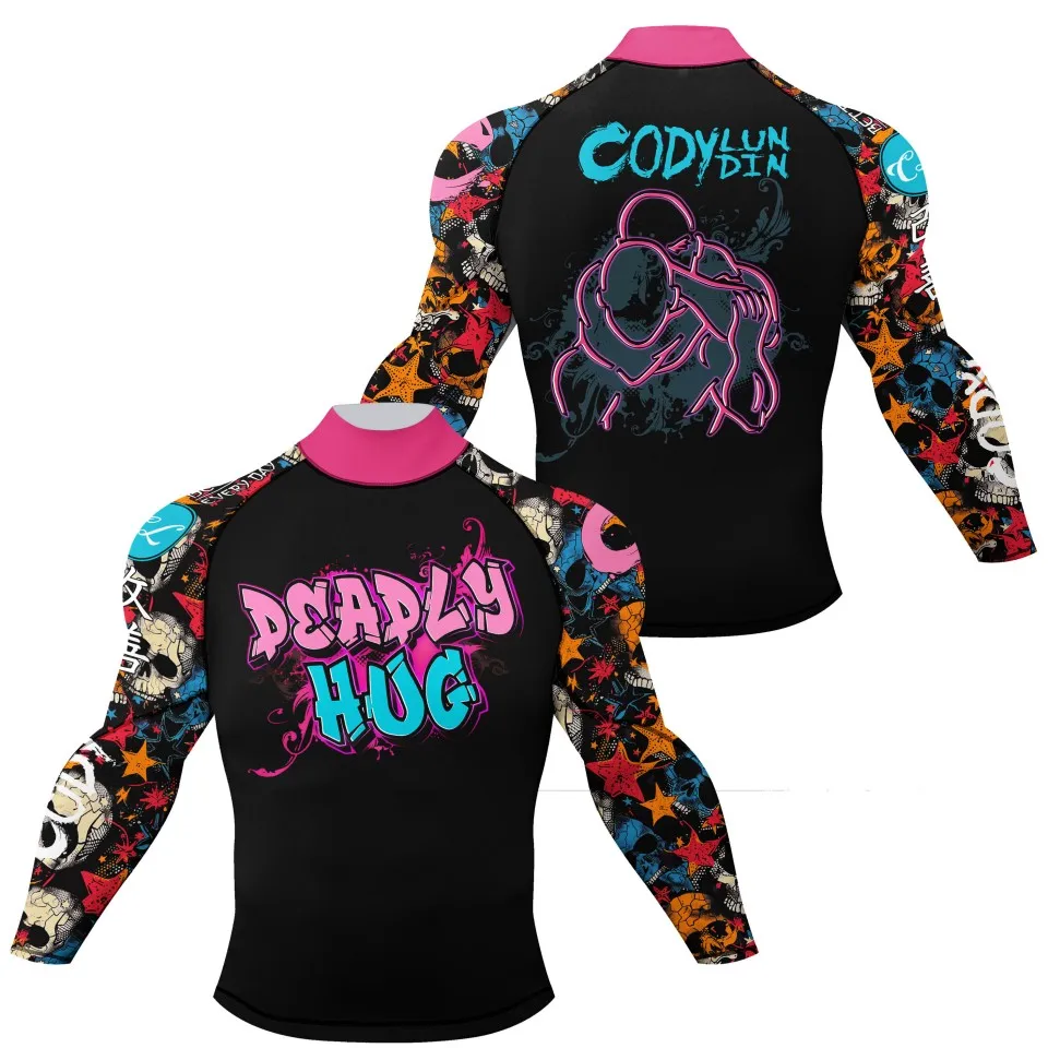 Men Mock Neck Boxing T-shirt Clothing Compression Shirts Rashguard With Elastic Waistband Sublimated Long Sleeve Surf Rash Guard