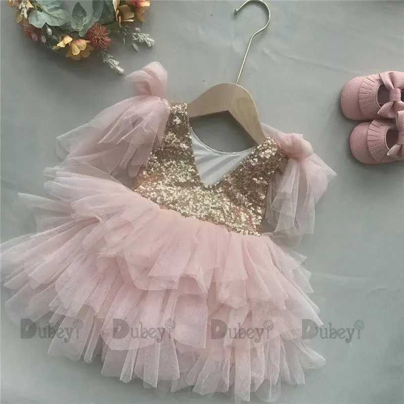 New Born Baby Girls Rosa Gold Sequin Dress with Bows Dubeyi Hand Made  Birthday Party Gown Ruffles 3 Ways To Wear Summer Vesitdo - AliExpress 1501