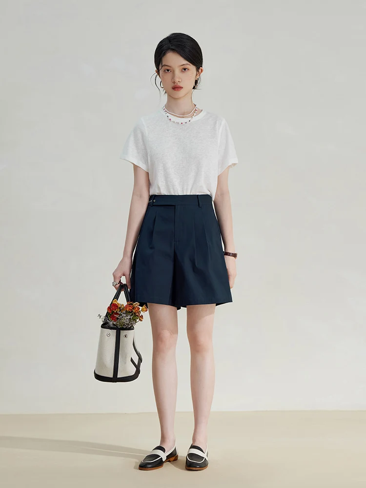 ZIQIAO Khaki Women Loose Commuter Cotton Shorts Office Lady Solid Twill Pleated Design Female Summer Shorts 100% Cotton Bottoms