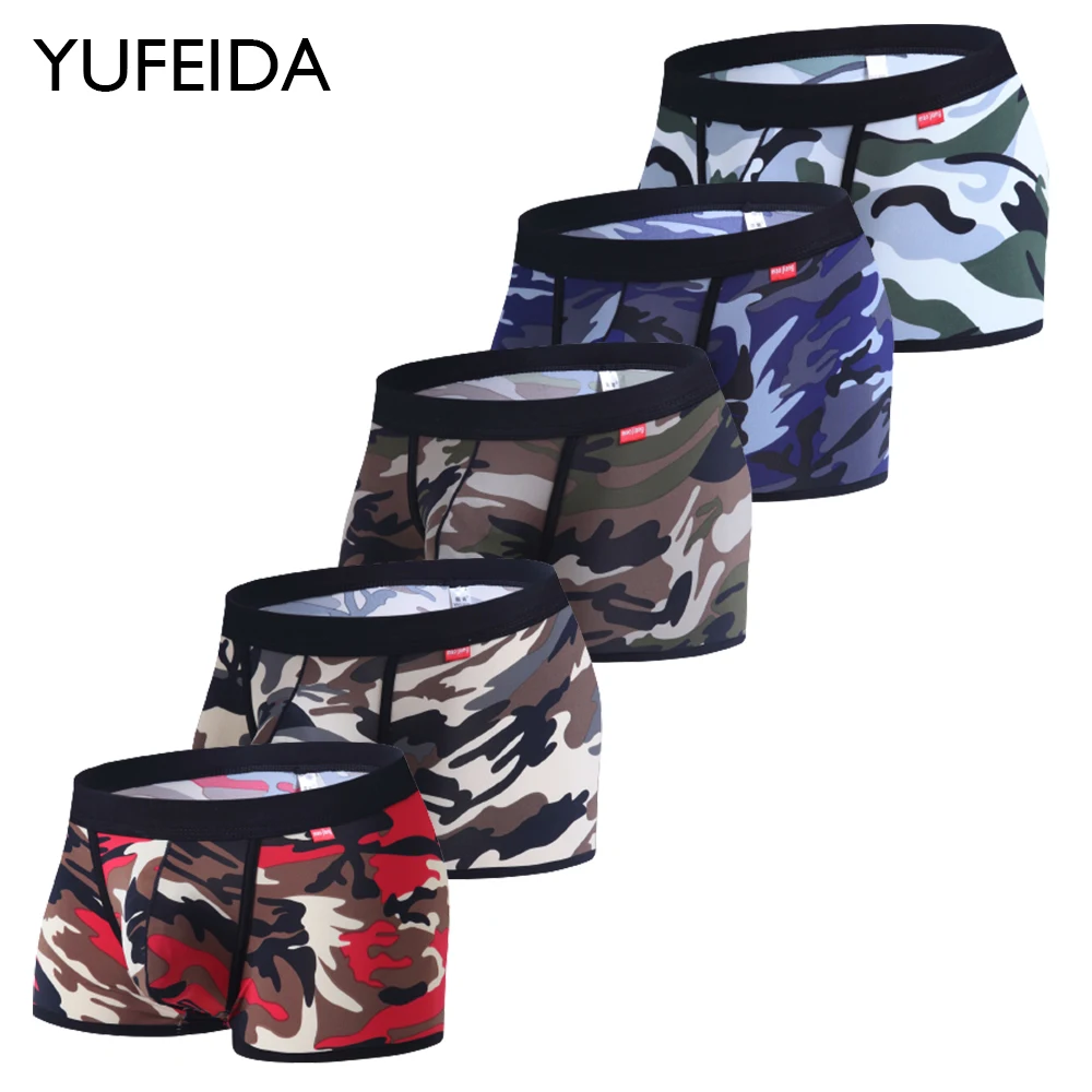 

YUFEIDA 1/5pcs Men Printed Breathable Camouflage Boxers Low Waist Sexy Mens Underpants Boxer Camous Boxershorts Gay Male Panties