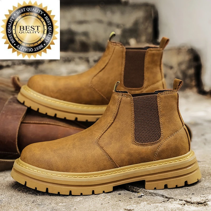 

Brown Fashion British Chelsea Style Boots Men Slip-on Platform Casual Leather Ankle for botas masculinas