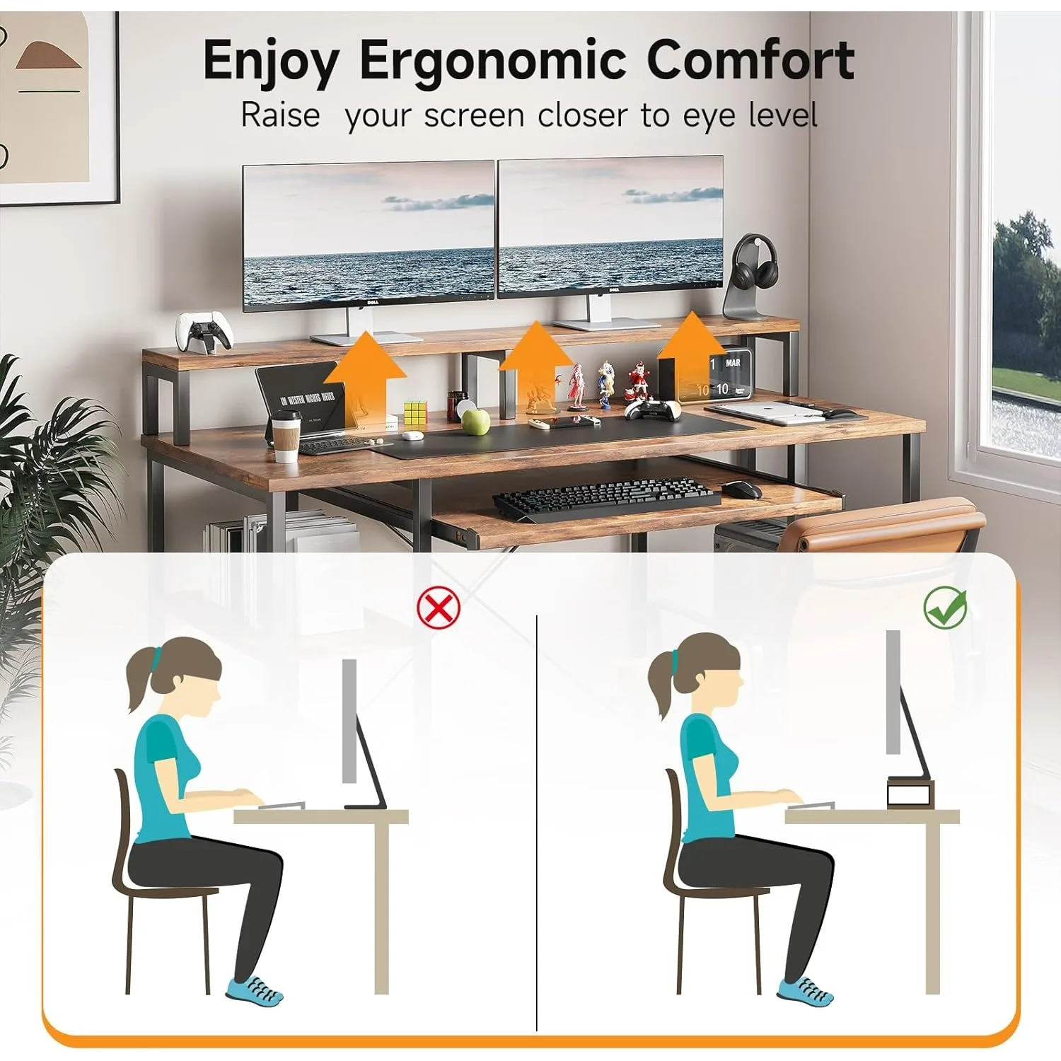 Computer Desk, 48 Inch Home Office Desk, Gaming Desk, 47" Study Table Wide Writing Desk for 2 Monitors, Rustic Brown 4