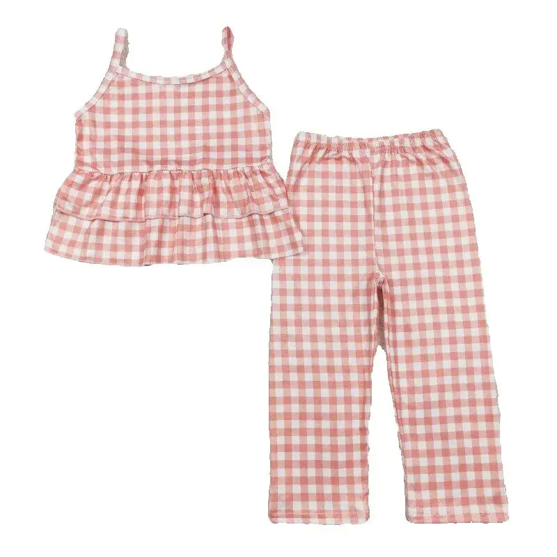 

RTS Baby Girls Wholesale Toddler Orange Checkered Summer Ruffle Straps Top Pants Boutique Outfits Clothes Sets