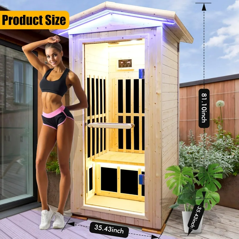 Outdoor Sauna Wooden Far Infrared Saunas Spa 1300W Low-EMF Dry Sauna Room for One Person Finland Spruce Wood 2