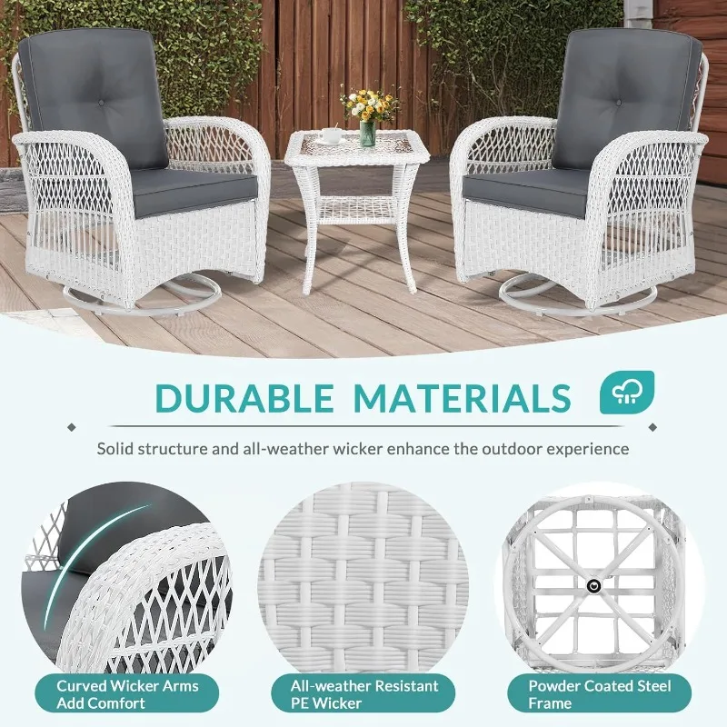 MEETWARM 3 Pieces Outdoor Wicker Swivel Rocker Patio Set, Rocking Chairs Rattan Patio Furniture Sets with Thickened Cushion and 4