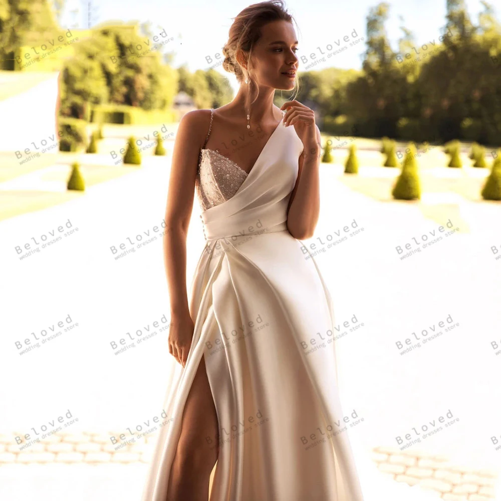 Graceful Wedding Dresses Satin A-Line Bridal Gowns V-Neck High Split Robes For Formal Party Pretty Vestidos De Novia Customized 3