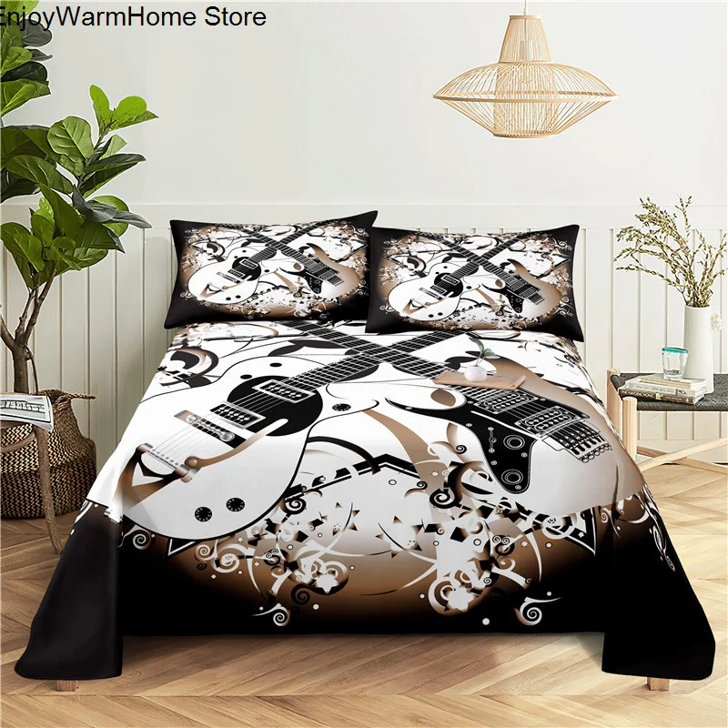 fashion Music Sheet Set Piano Keyboard Music Note Printed Bed Flat Sheet With Pillowcase Polyester Bedding 6