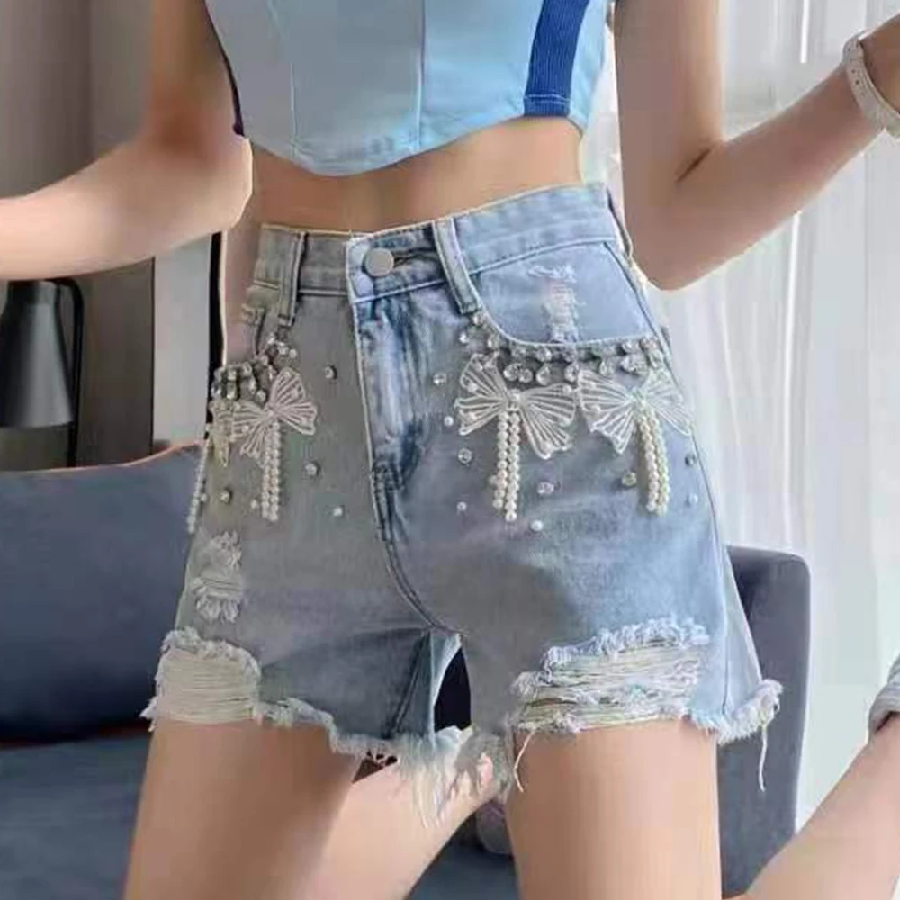 Sexy Bow Beaded High Waist Denim Shorts 2023 Summer New Bright Diamond Raw Edge Wide Leg Hot Pants Korean Fashion Women's Jeans