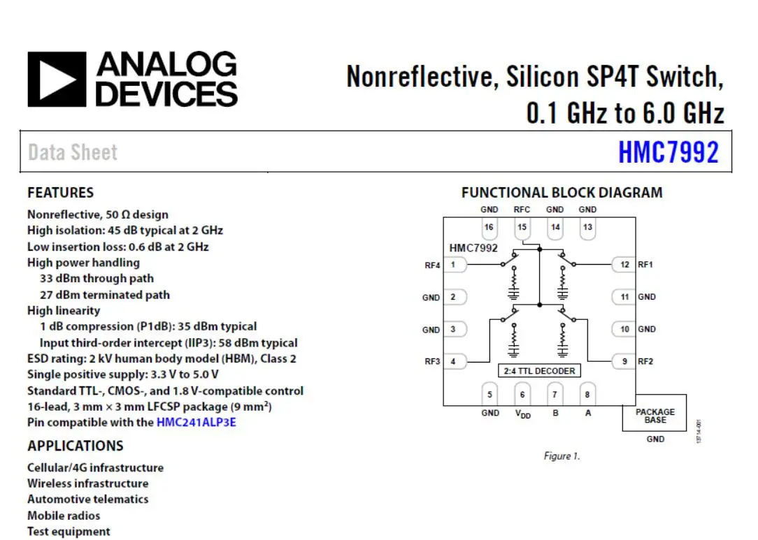 0,1 ~ 6 GHz HMC7992 SP4T Schalter RF Single Pole Four Throw Schalter Signalsteuerung F/HAM Funkverstärker 433 M 915 M 1090 M 2,4 G 5,8 G – Detail 1