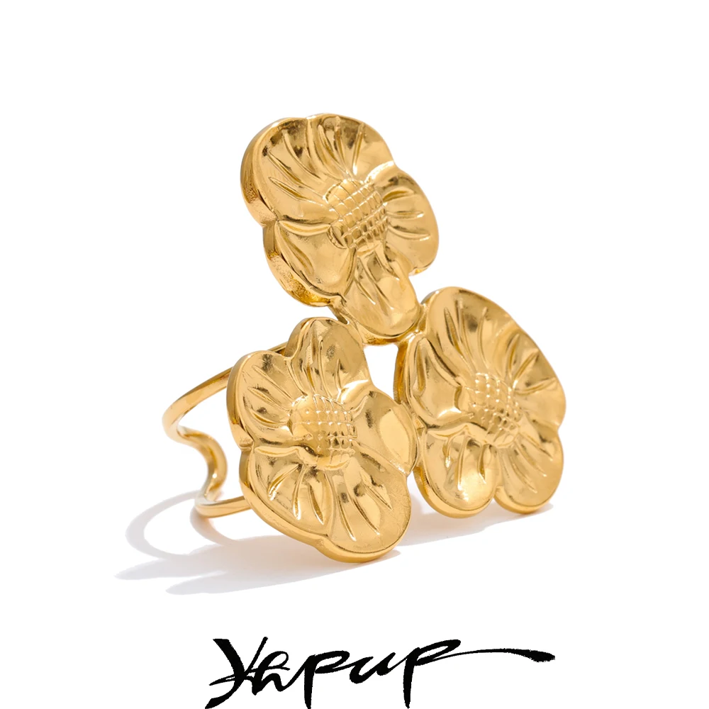 Yhpup 18K Golden PVD Plated Stainless Steel Flower Open Ring