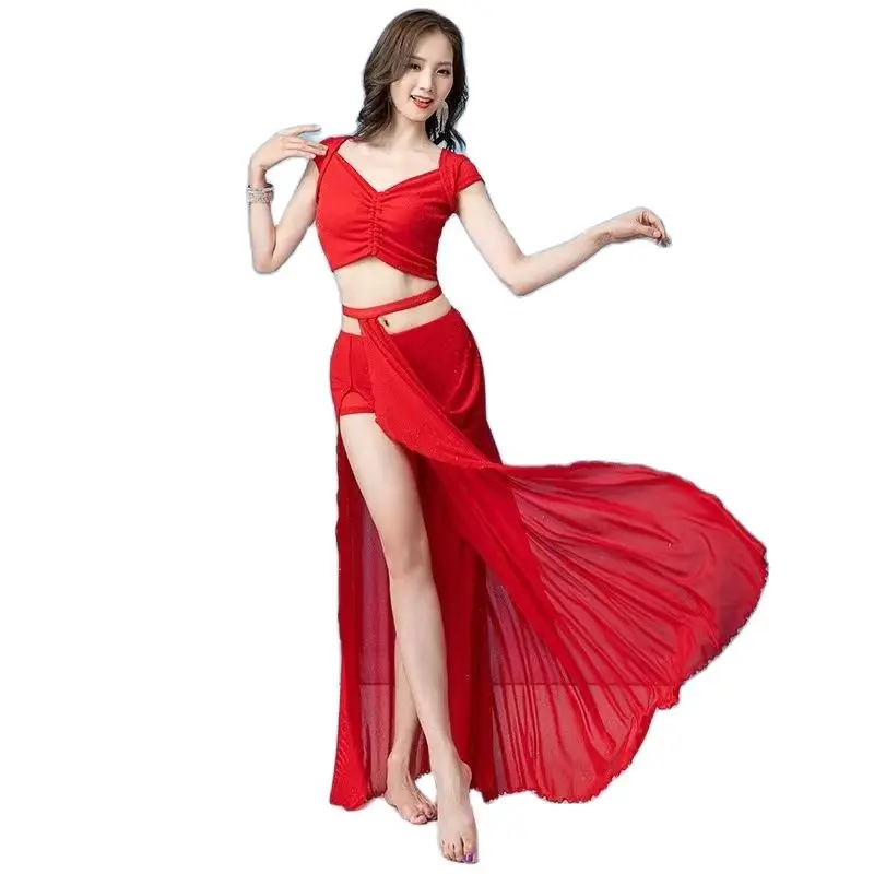 

Women 2 Piece Belly Dance festival outfit women Set Short Sleeve Top Sexy V Neck Double Side Split Long Skirt Dancer Show Wear