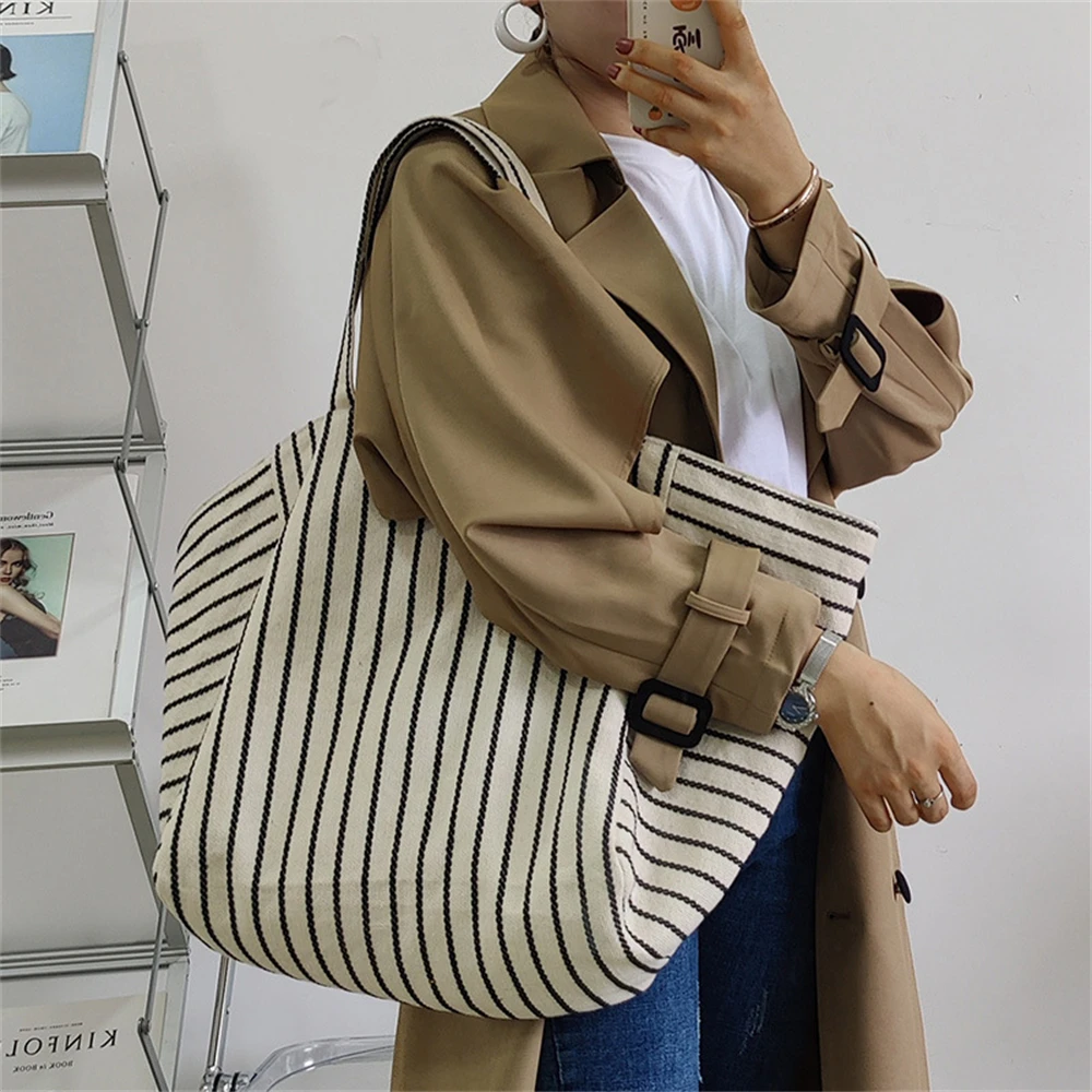 

Women's Tote Bag Striped Canvas Casual Handbags Portable Large Capacity Shopping Bag Korean Ulzzang Handbag Female Underarm Bags