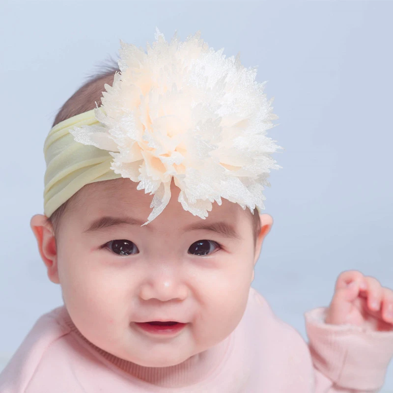 

Big Flower Nylon Headband Handmade Infant Newborn Wide Turban Headwrap Children Headwear Solid Color Soft Stretch Baby Hairband