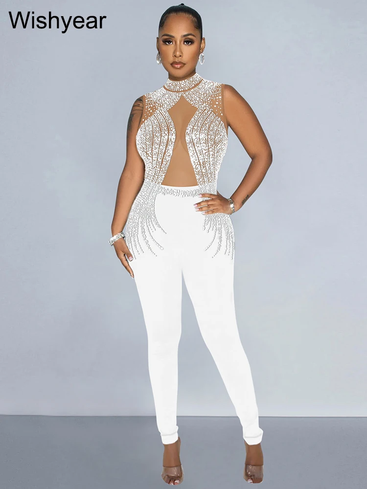 Wishyear Sexy One Piece Suit Club Outfits Women See Through Mesh  Diamonds Rhinestone Skinny Sleeveless Birthday Night Jumpsuit