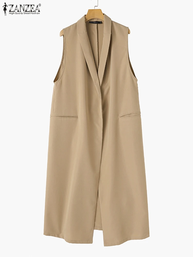Women Long Tank Blazer Office Lady Lapel Collar Outwears ZANZEA Fashion Summer Pockets Jackets Holiday 2024 Sleeveless Blazer