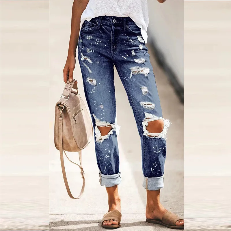 

2023 New Women Fashion Mid Waist Boyfriend Big Ripped Hole Jeans Casual High Street Denim Pants Sexy Vintage Pencil Calca Jeans