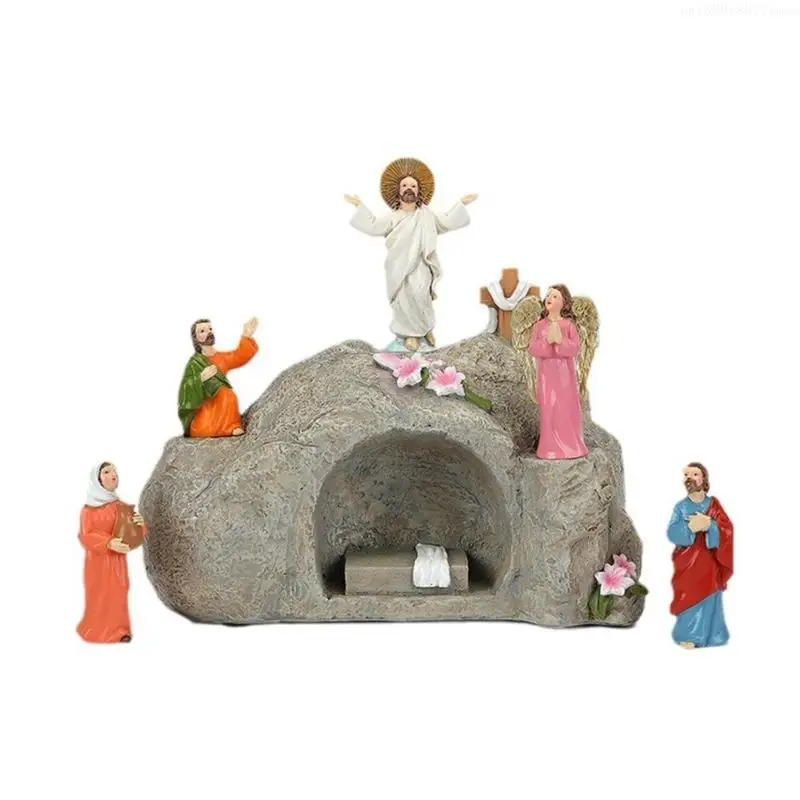 Easters Resurrection Scene Figurines Religious Ornaments Set with LED Light for Indoor Display Tabletop Holiday Decors R7UB