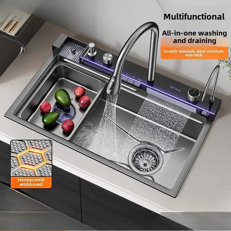 Dishwashing Sink Handmade Basin Household Kitchen Vegetable Basin Large Single Slot 304 Stainless Steel Whale Waterfall Sink