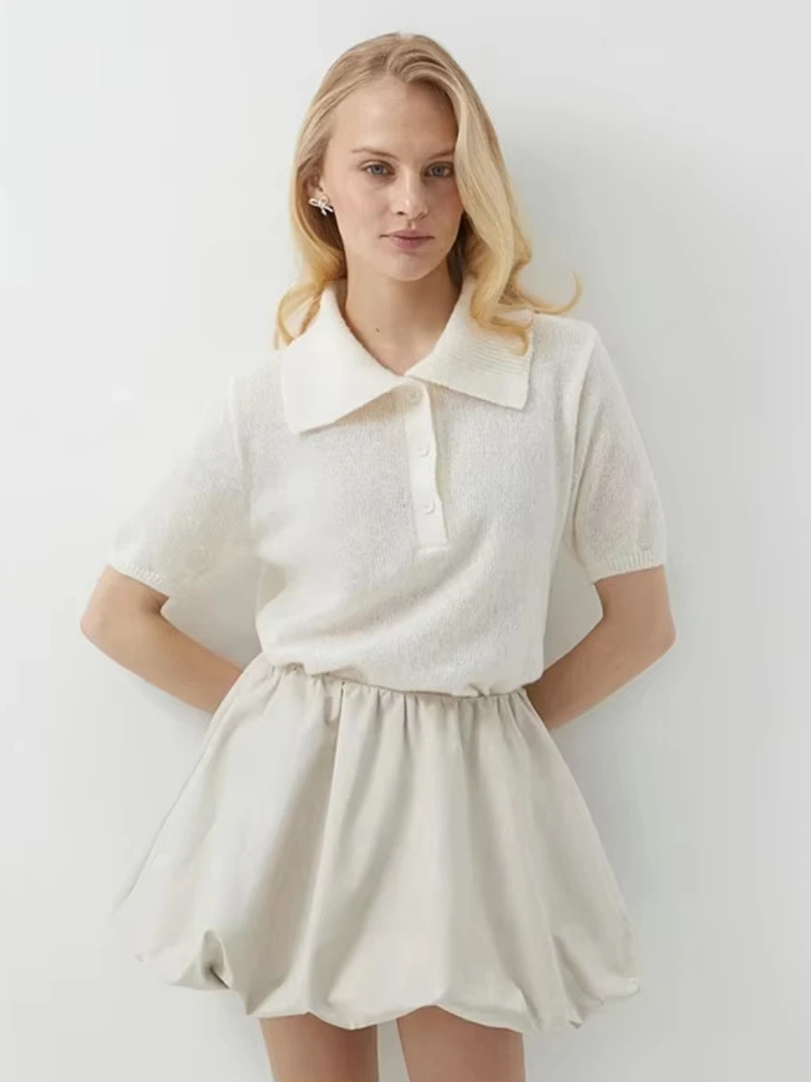 Wolfeel Summer Polo Collar Hollow Knit Bubble Sleeve Women's T-Shirt