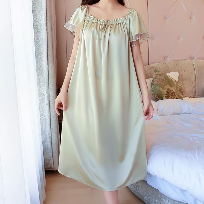 Women Night Gowns Sleepwear Lace Patchwork Nightwear Long Sleeping Dress Casual Ladies Home Dressing