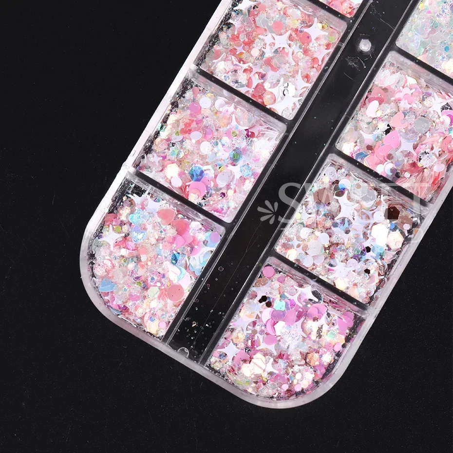 KACHIMOO Nail Glitter Sequins,12 Grids Gold Pink Nail Glitter