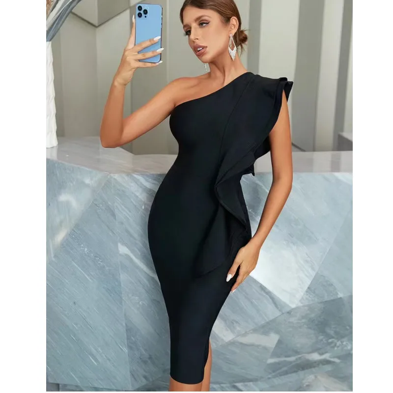 

Superior Quality Sexy Fashion One Shoulder Slim Bandage Dress Rayon Fold Fashion Bodycon Long Style Evening Party Dress