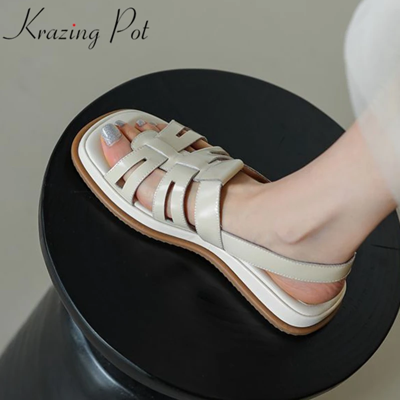 

Krazing Pot Genuine Leather Peep Toe Summer Flat Platform Low Heels Gladiator Fashion Buckle Straps Catwalk Brand Women Sandals