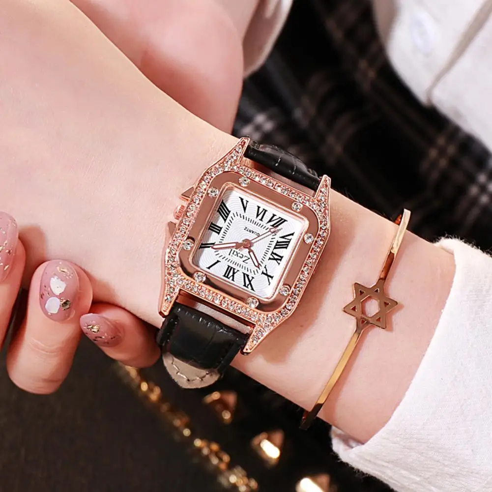 

Women Watch Square Dial Adjustable Elegant High Accuracy Roman Numerals Faux Leather Strap Sparkling Rhinestone Wrist Watch