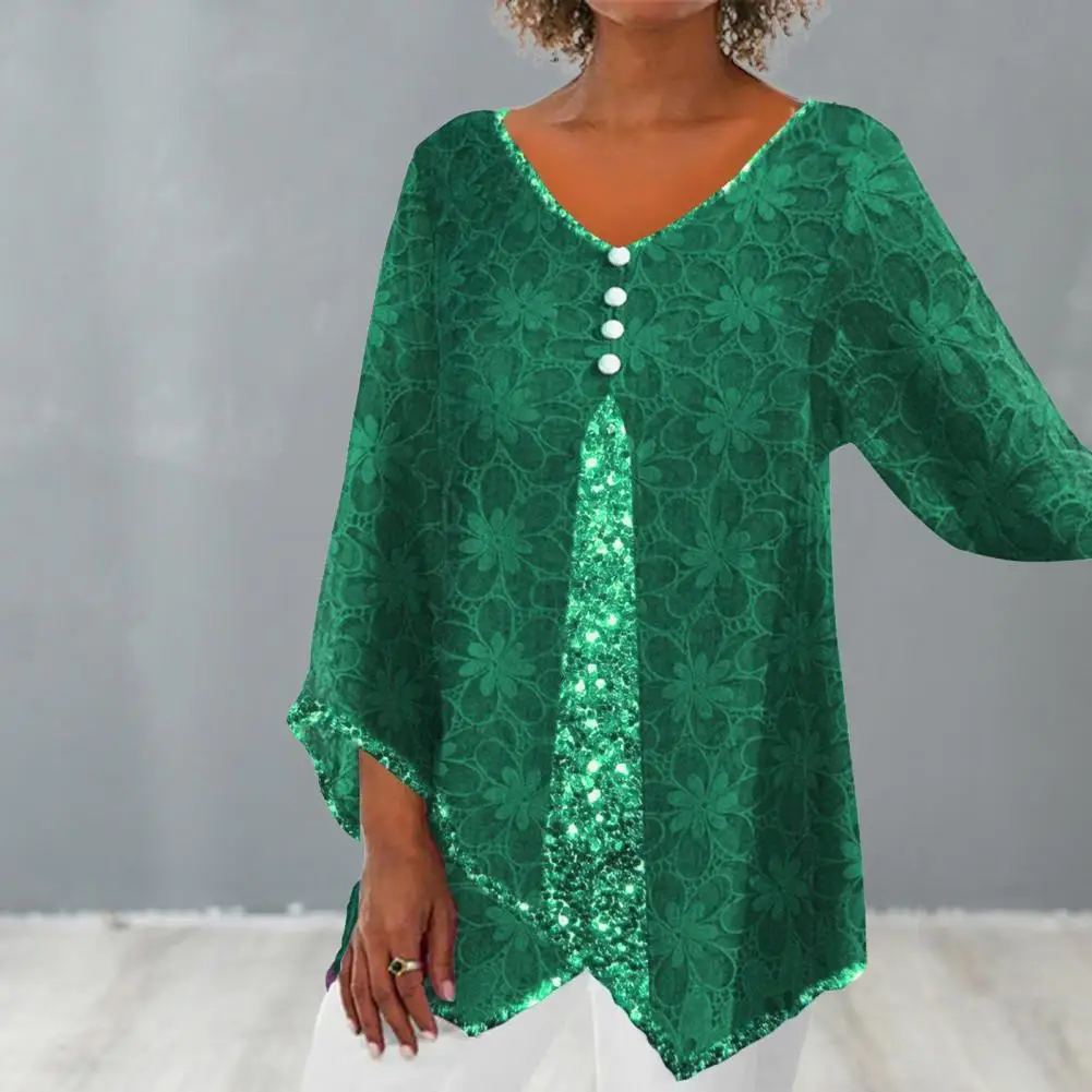 

Women V-neck Blouse Women Loose Blouse Floral Print Patchwork Blouse Irregular Hem V-neck Office Lady Shirt Stylish Women's