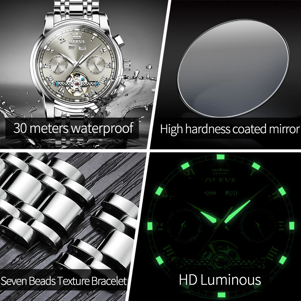 OLEVS 6607 Watch For Men Roman Scale Hollow Skeleton Man Mechanical Wristwatch Waterproof Luminous Week Calendar Original Watch