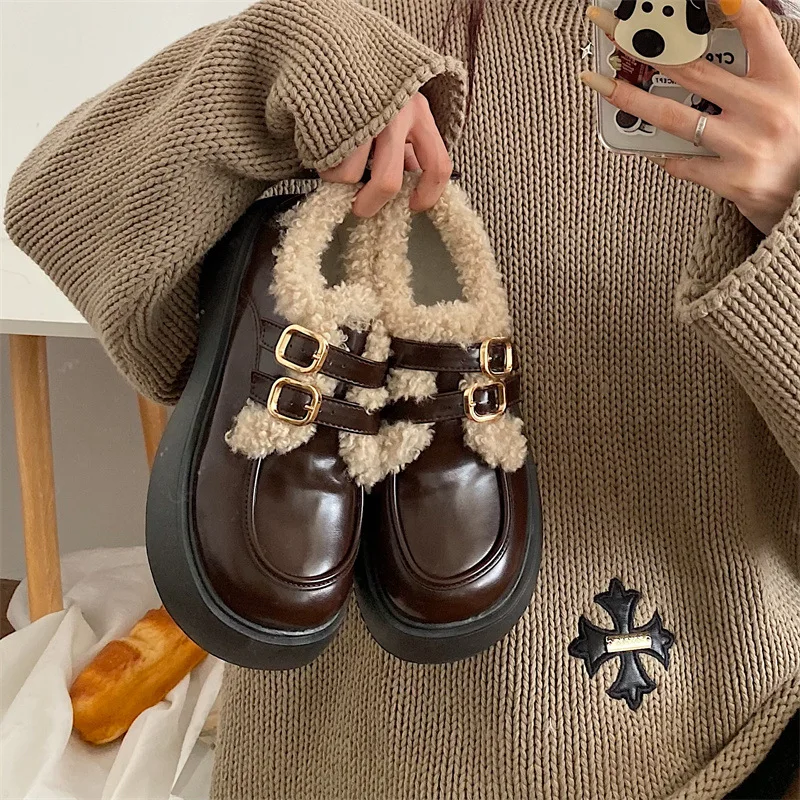 

BCEBYL Осень/Зима Новая мода винтажная толстая подошва коричневая однотонная обувь с бархатной закругленной головой повседневная спортивная женская обувь