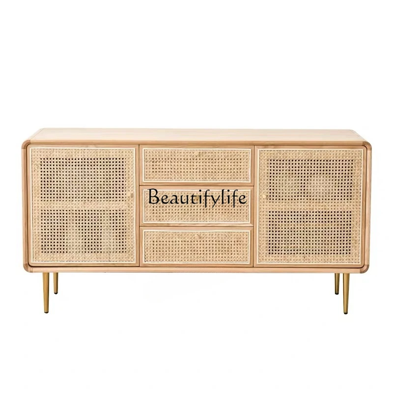 

Nordic Solid Wood Rattan Sideboard Cabinet Living Room Entrance Chest of Drawer TV Cabinet Small Apartment Storage Cabinet